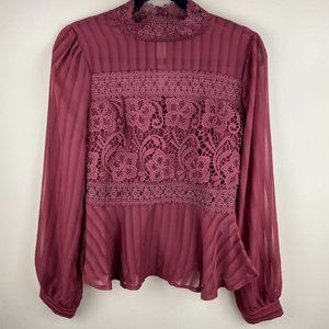 HAUTE MONDE Sheer Lace Inset Mock Neck Peplum L